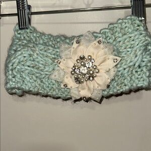 Blue and Cream Knit Hair Accessory with Floral Detail